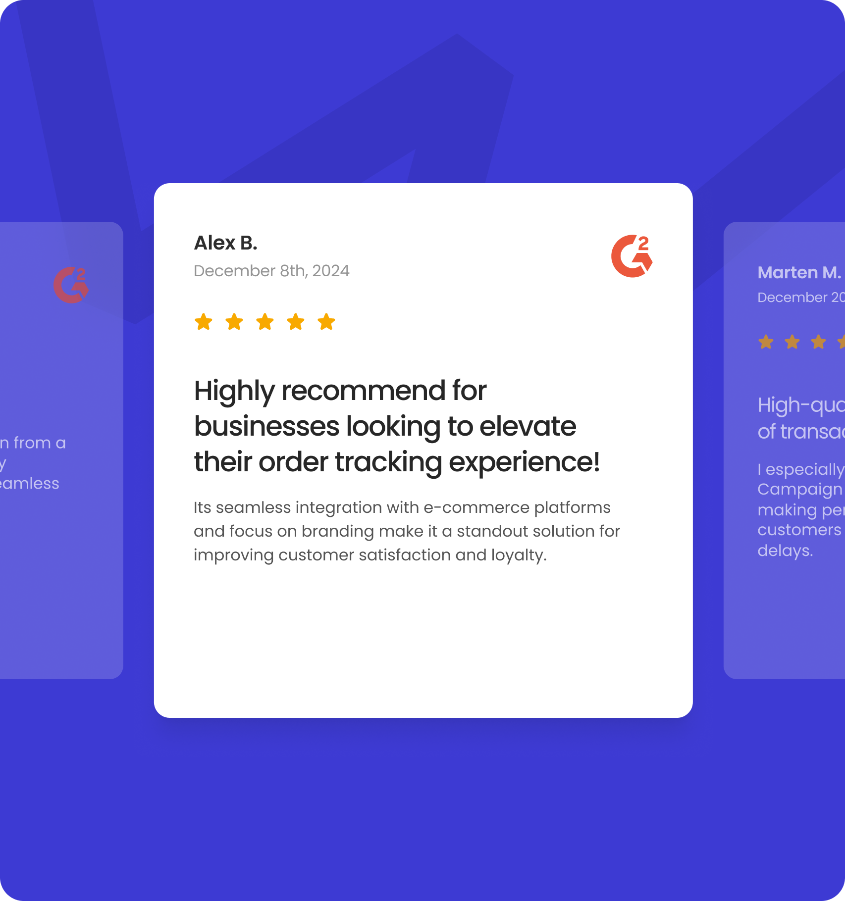 Customer review on G2 praising parcelLab’s post-purchase experience software for order tracking and customer satisfaction
